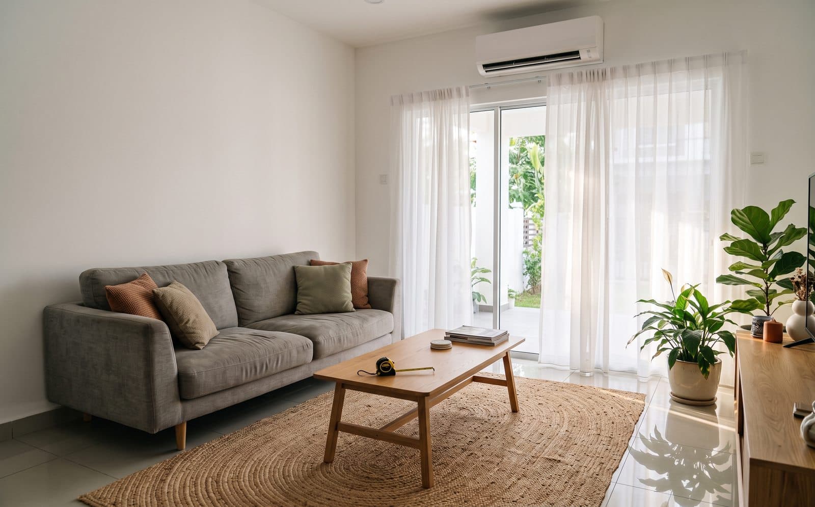 Ruang tamu rumah teres di Malaysia yang terang, dengan aircond split di dinding atas pintu gelangsar kaca dan pita pengukur di atas meja kopi