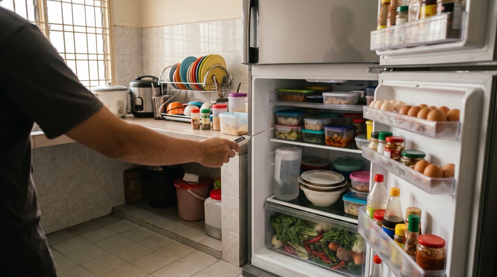 A homeowner checking the temperature inside a packed fridge chiller with a food thermometer, in a Malaysian home kitchen