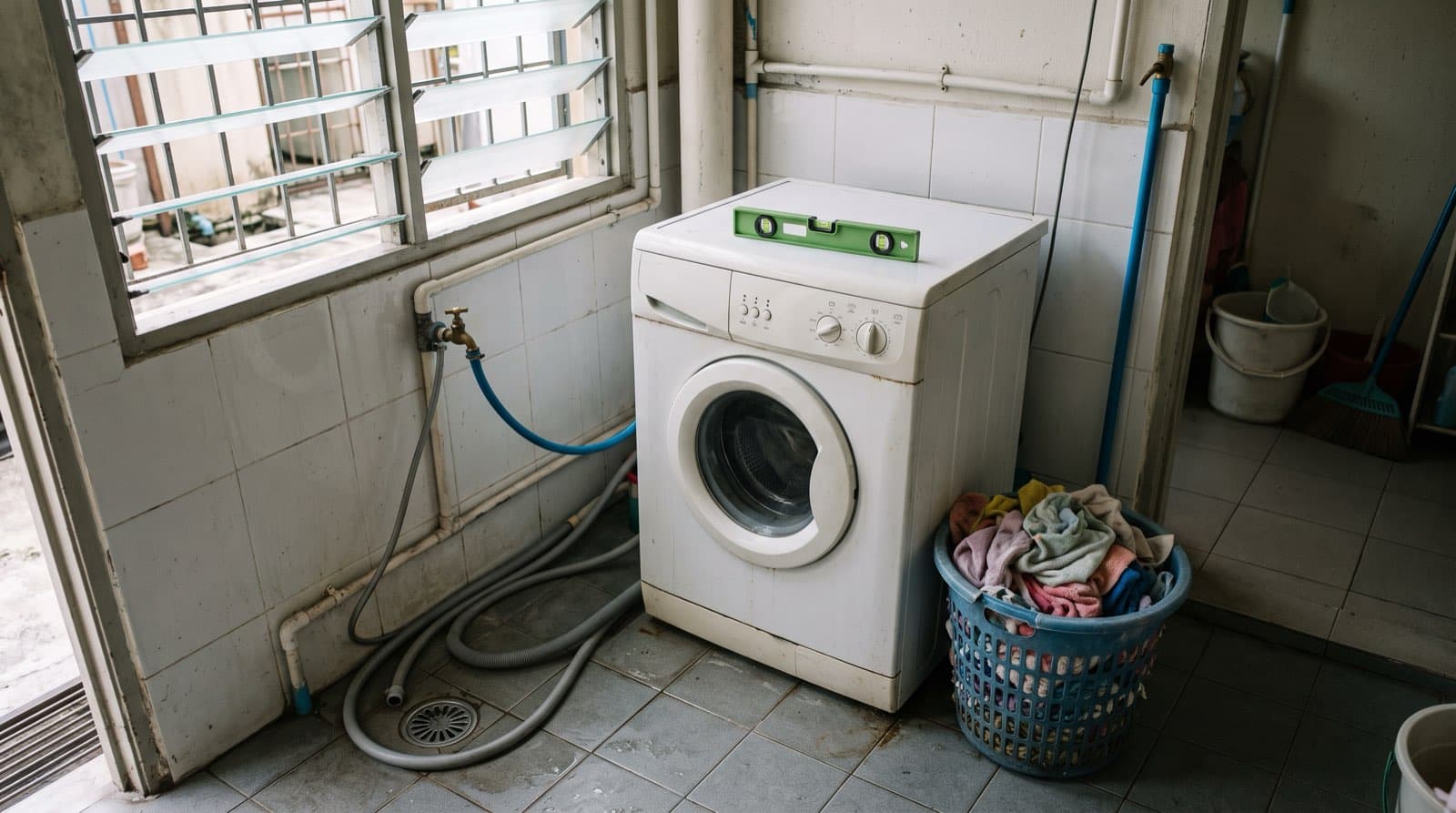 Mesin basuh pemuatan depan di atas lantai jubin dapur basah rumah Malaysia, dengan alat aras di atasnya untuk memastikan ia rata