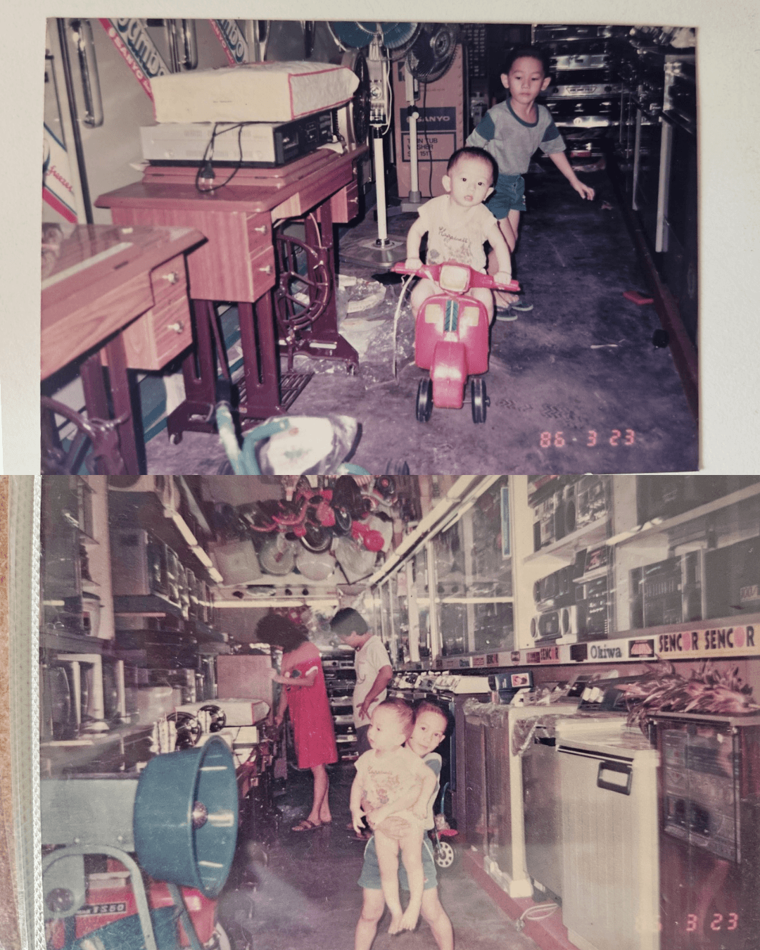 1986 年 3 月，Tanradio 哥打丁宜店里的两个场景 — 孩子骑着红色三轮车，以及在 Sencor 电器货架间走动。Henry 与 Theresa 的三个儿子就是在这家店里长大的。