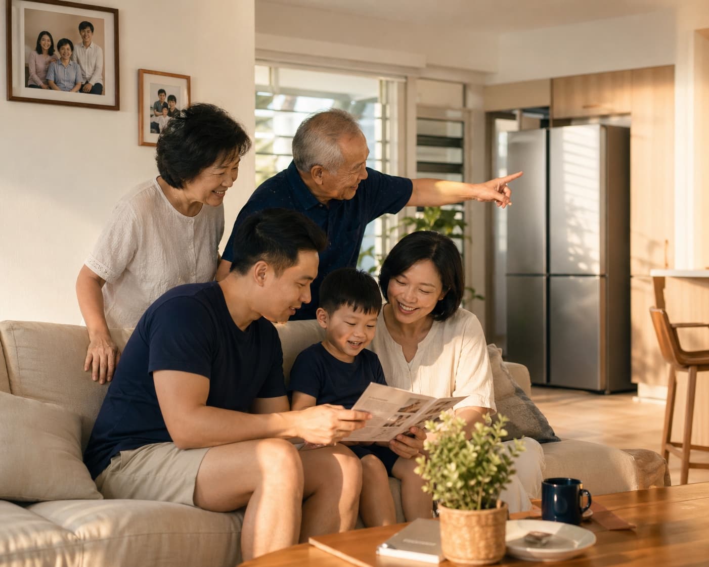 A multi-generational Malaysian family at home, exploring Tanradio products together