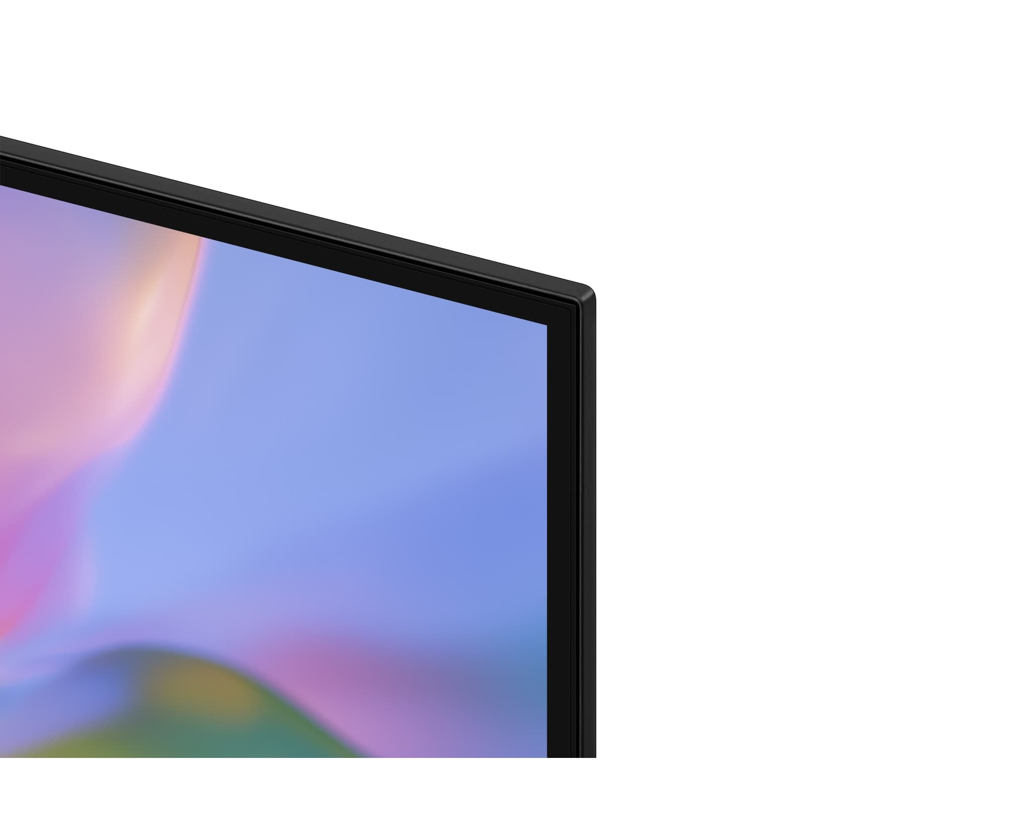 Close-up of Samsung M90H bezel corner showing Titan Black matte finish.