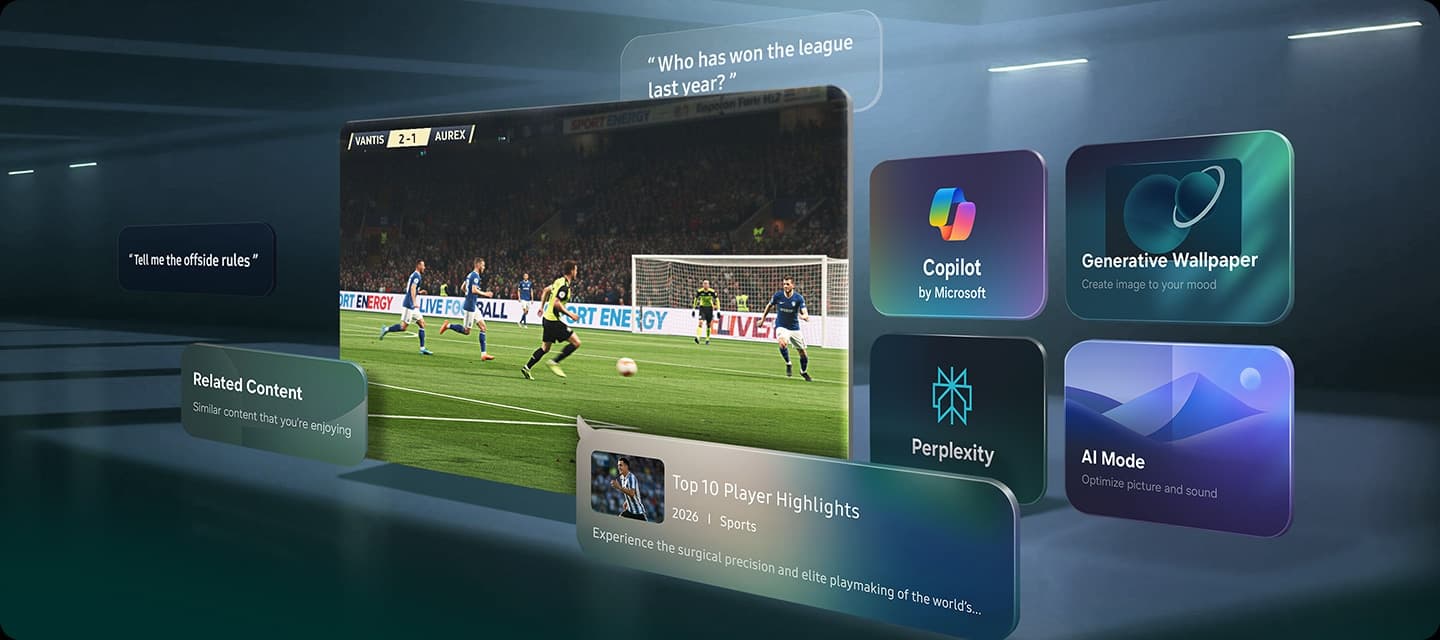 Samsung Vision AI scene — a live football match playing on a large Samsung TV with AI feature callouts: Copilot, Perplexity, AI Mode, Generative Wallpaper.