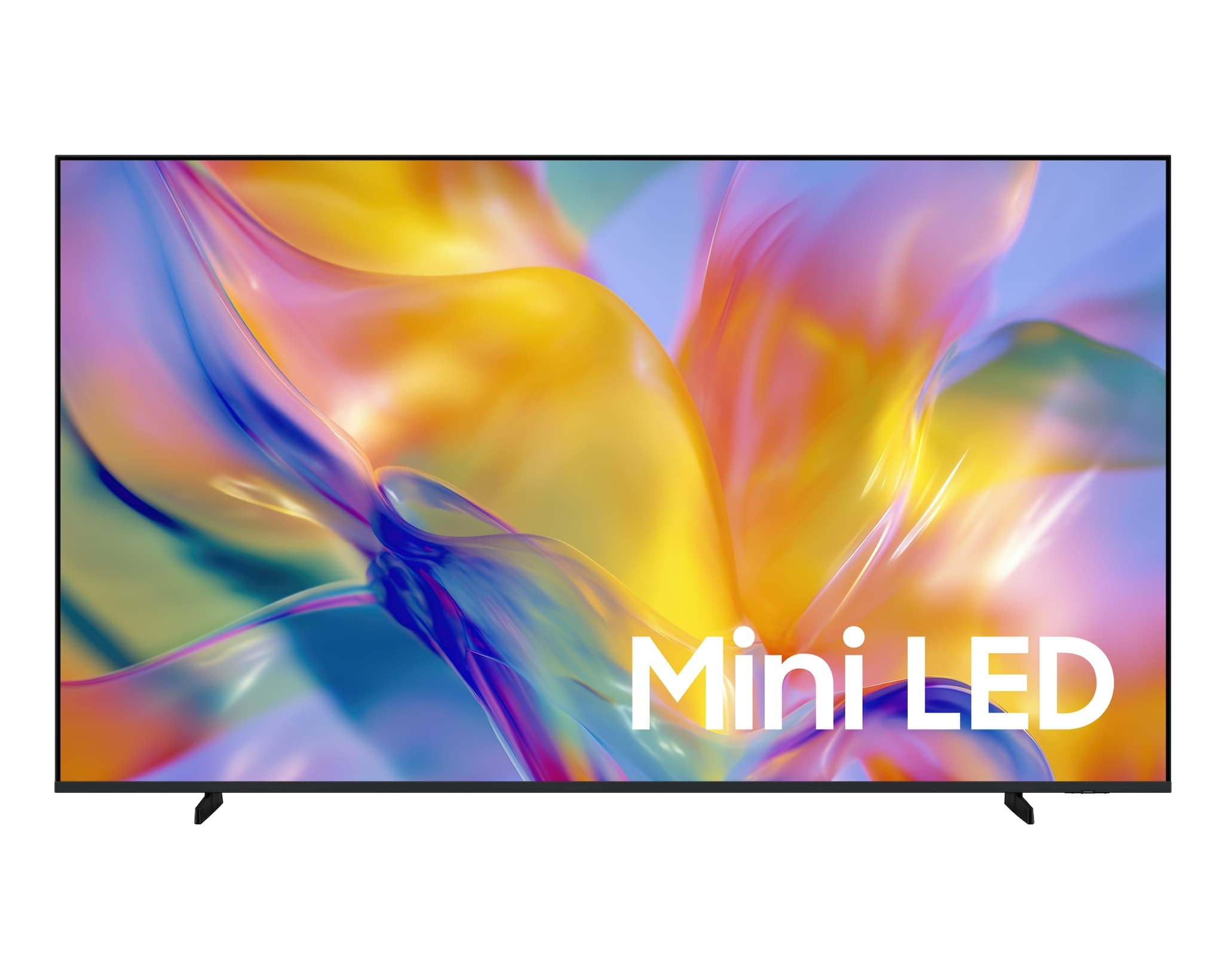 Samsung 100-inch Mini LED M90H 4K Smart TV (model UA100M90H), front view, displaying vibrant Mini LED demo content.