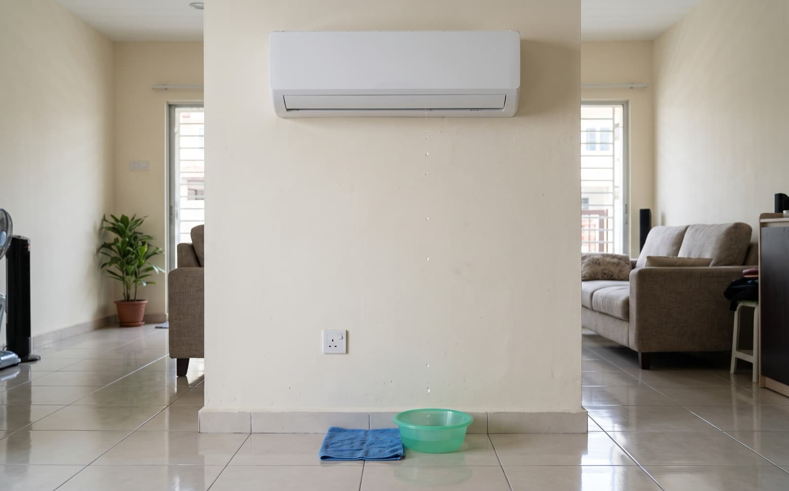 Aircond split putih di dinding ruang tamu rumah di Malaysia menitis air ke bawah dinding, dengan tuala kecil dan besen plastik di atas lantai jubin untuk menadah titisan