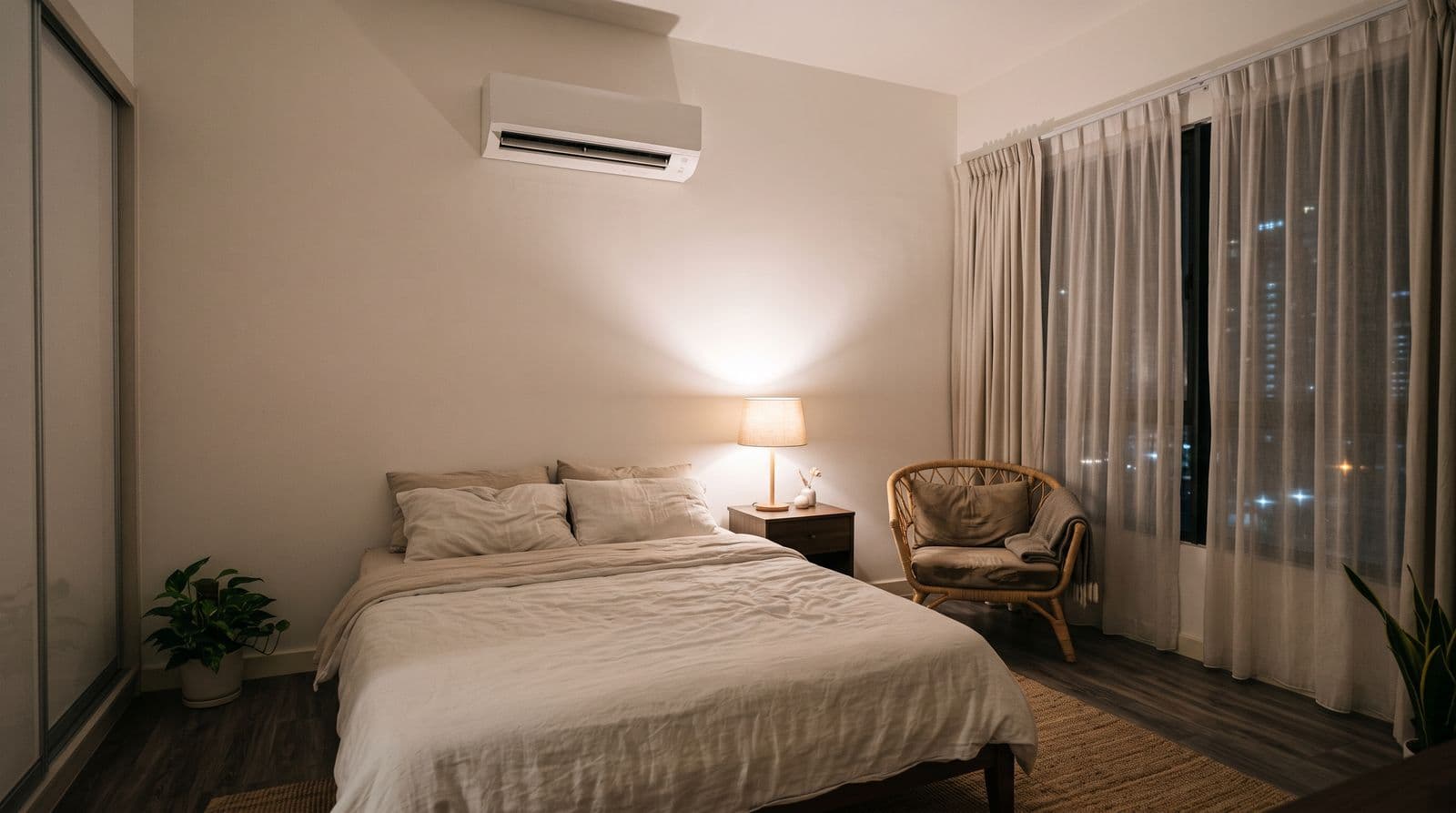 A quiet Malaysian condo bedroom at night, lit by a bedside lamp, with a white wall-mounted split aircond above the bed and city lights behind the curtains